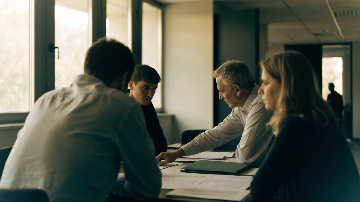 Besprechungsrunde im Betrieb – die Einführung des anonymen Feedback-Kanals wird offen im Team erklärt