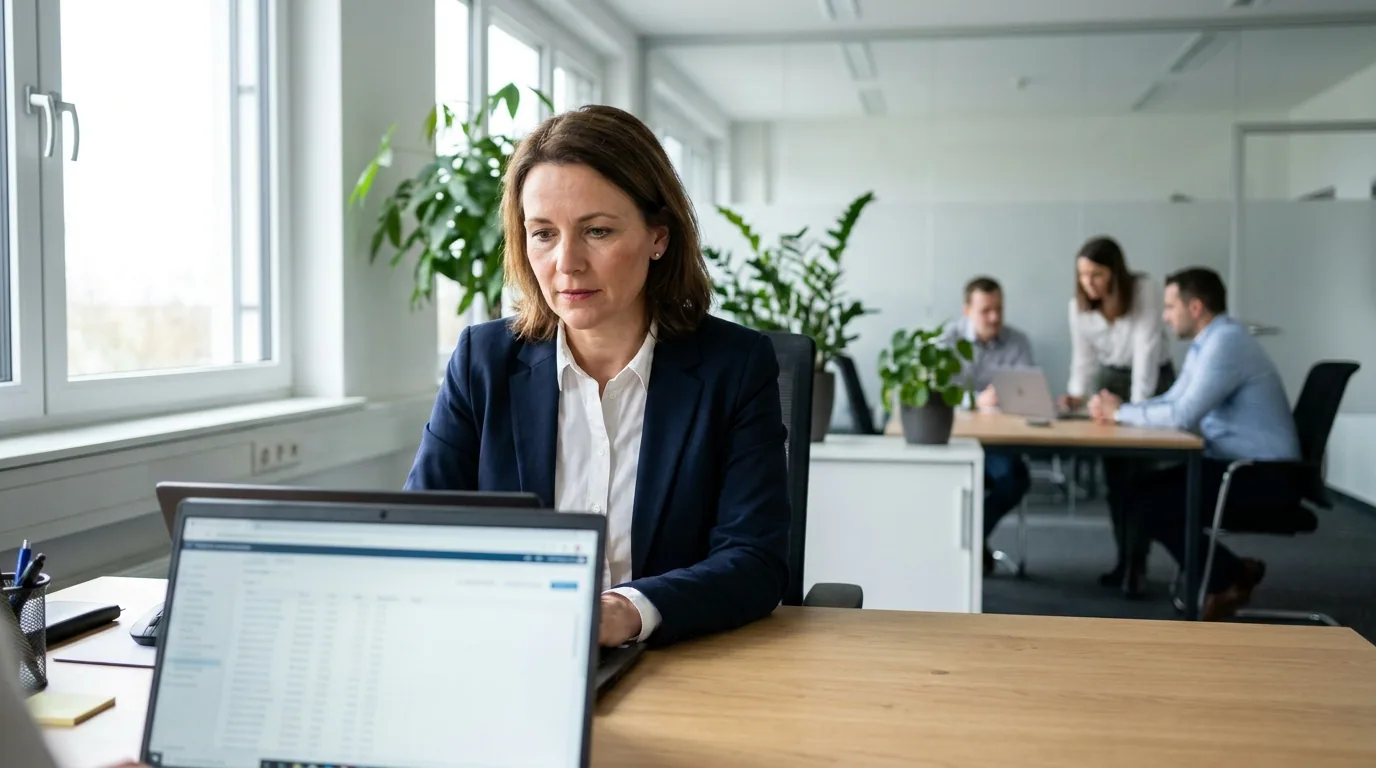 Geschäftsführerin im modernen Mittelstands-Büro liest am Laptop die anonymen Mitarbeiter-Feedbacks