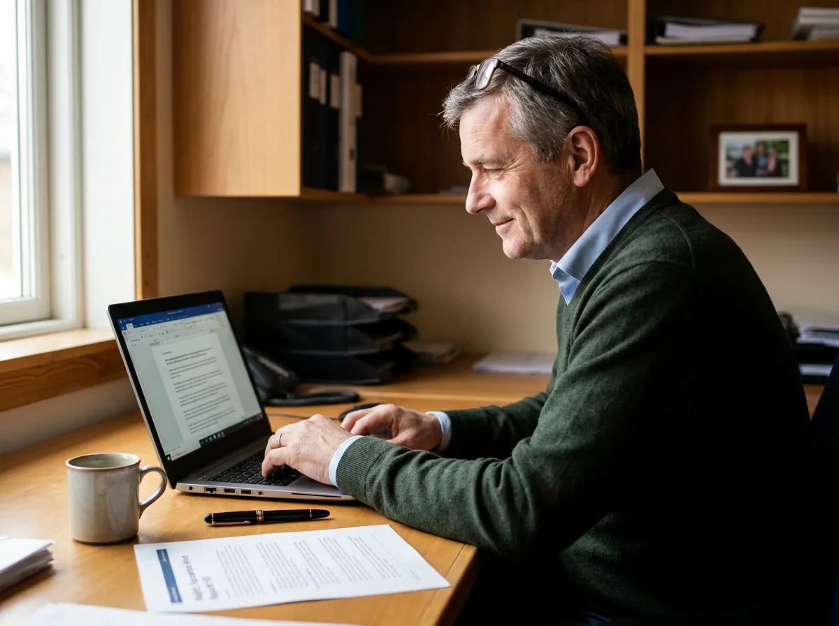 Mittelständischer Inhaber liest entspannt den monatlichen Stimmungs-Report am Laptop – ehrliches Feedback wirkt.