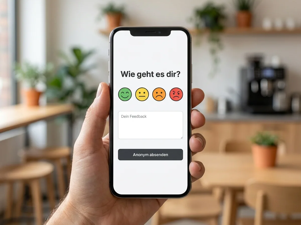 Hand hält Smartphone mit der anonymen Feedback-Maske – Stimmungs-Emojis und Freitext-Feld sichtbar