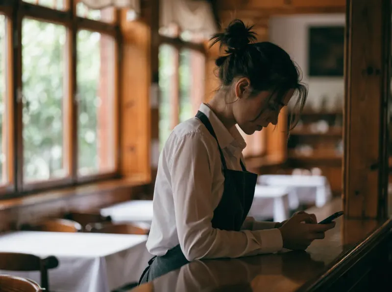 Kellnerin im deutschen Restaurant nutzt in einer ruhigen Minute das Smartphone für anonymes Feedback