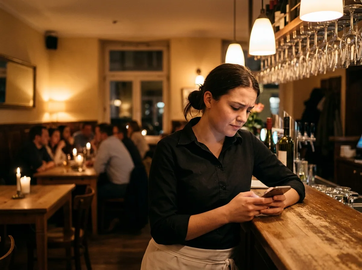 Kellnerin im deutschen Restaurant nutzt in einer ruhigen Minute das Smartphone für anonymes Feedback