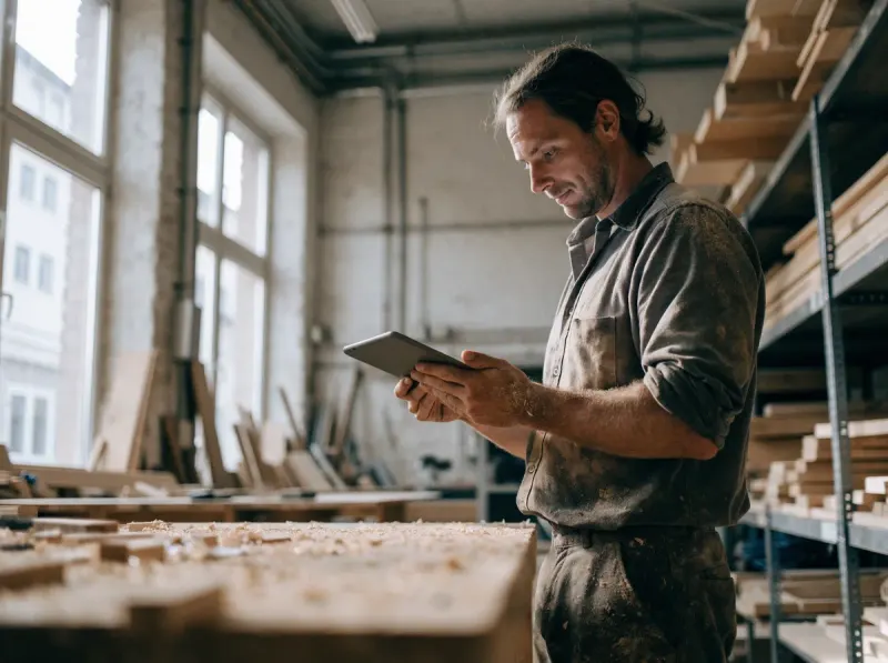 Schreiner mit Tablet in moderner Werkstatt – Handwerk vertraut digitalem Feedback