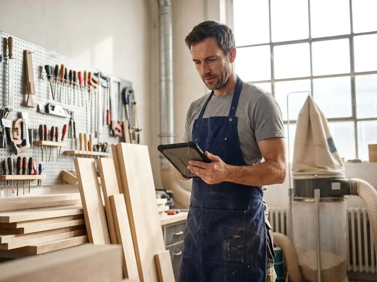 Schreiner mit Tablet in moderner Werkstatt – Handwerk vertraut digitalem Feedback