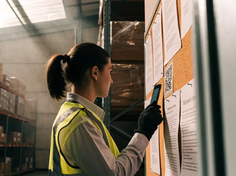 Logistik-Mitarbeiter scannt QR-Code im Lager – Feedback aus der Schicht