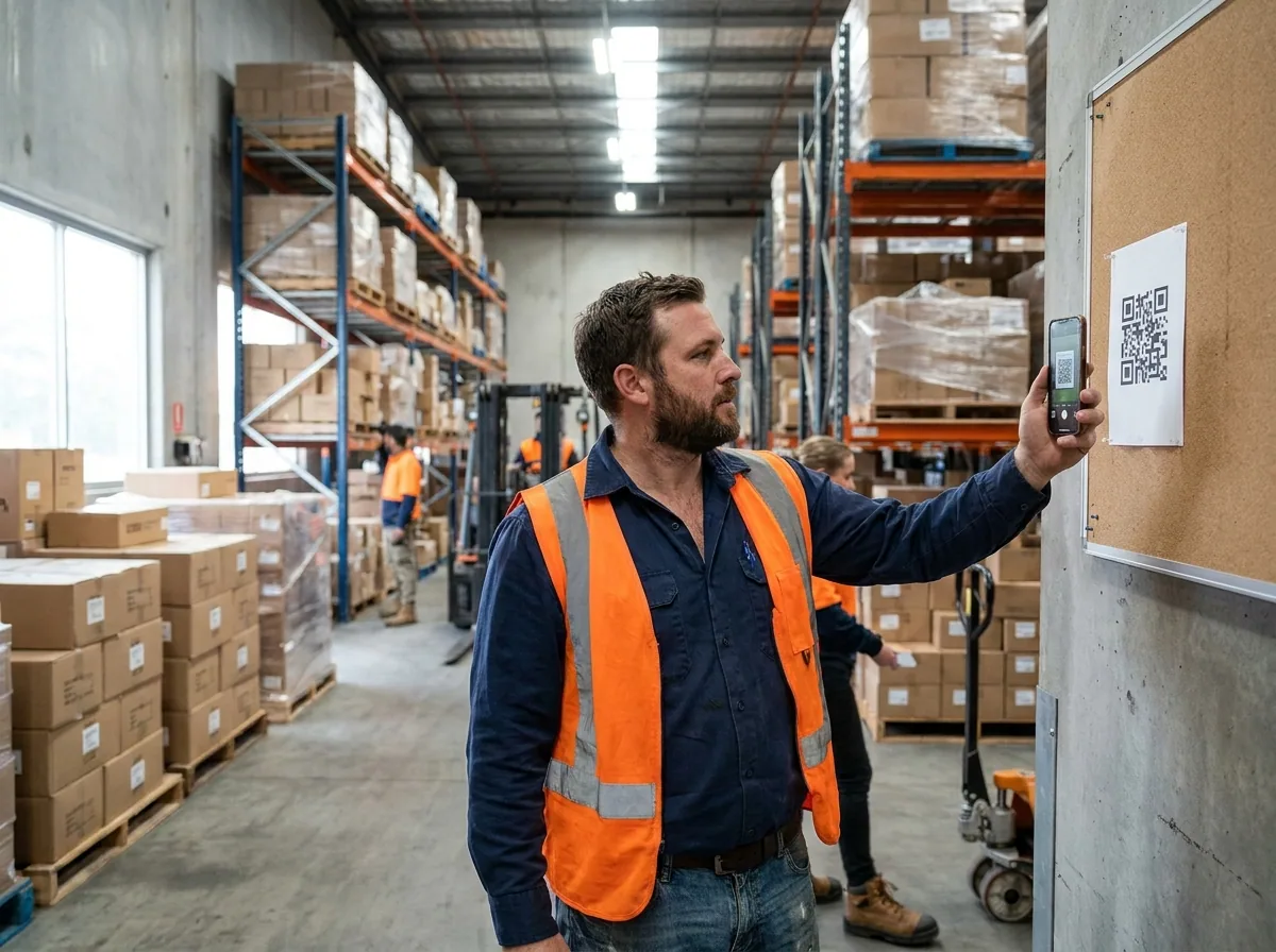 Logistik-Mitarbeiter scannt QR-Code im Lager – Feedback aus der Schicht