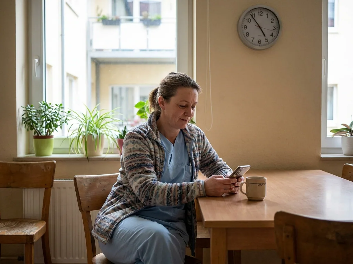 Pflegekraft im Pausenraum, ruhiger Moment mit dem Smartphone – anonymes Feedback in der Pflege