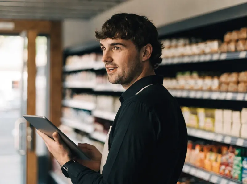 Marktleiter im modernen Einzelhandel mit Tablet – Feedback aus dem Verkaufsteam