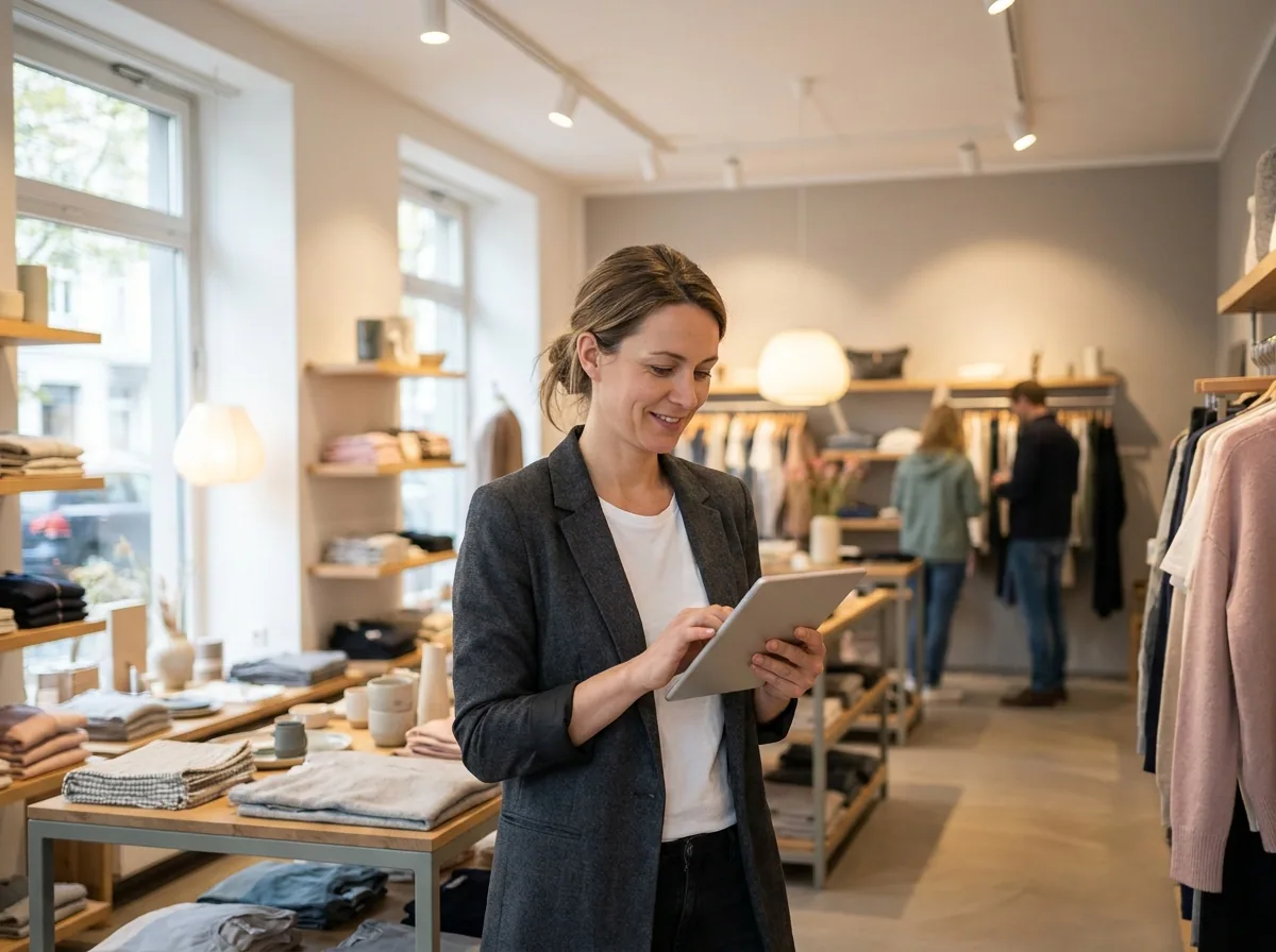 Filialleiterin im modernen Einzelhandel mit Tablet – Feedback aus dem Verkaufsteam