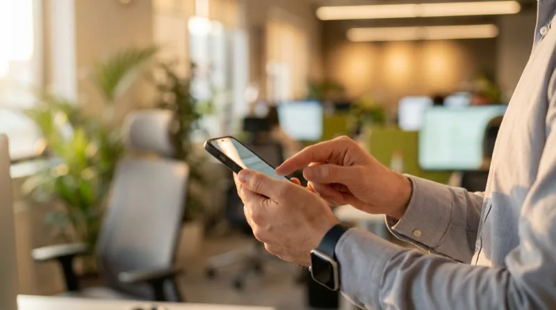 Hände tippen am Smartphone, im Hintergrund ein Großraumbüro