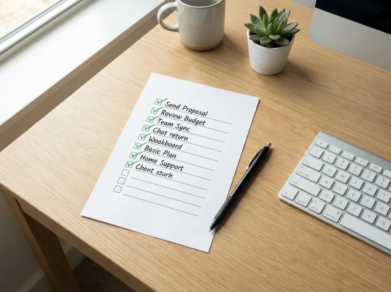 Abgehakte Checkliste auf einem Schreibtisch neben Tastatur und Stift