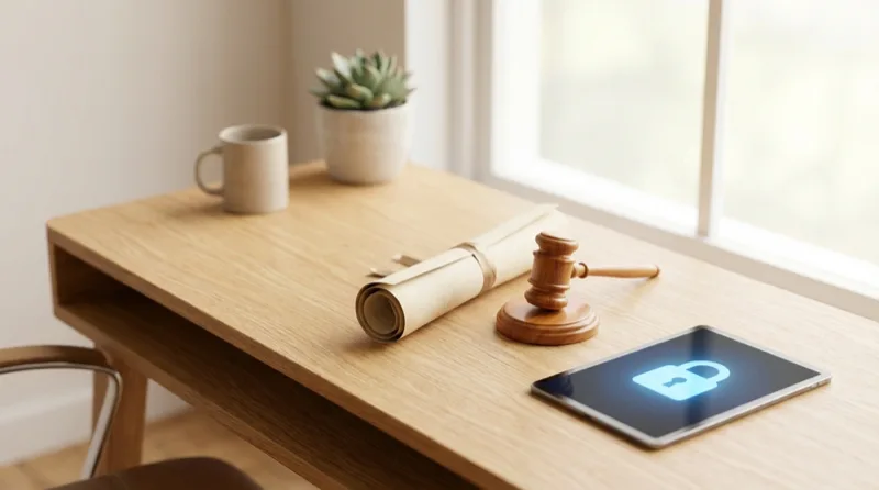 Schreibtisch mit Aktenrolle, Richterhammer und einem Tablet mit Schloss-Symbol