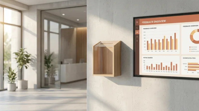 Hölzerner Kummerkasten an der Wand neben einem Bildschirm mit Feedback-Auswertung
