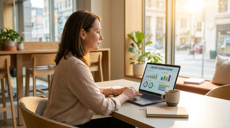 Frau am Laptop, auf dem Bildschirm ein Feedback-Bericht mit Diagrammen