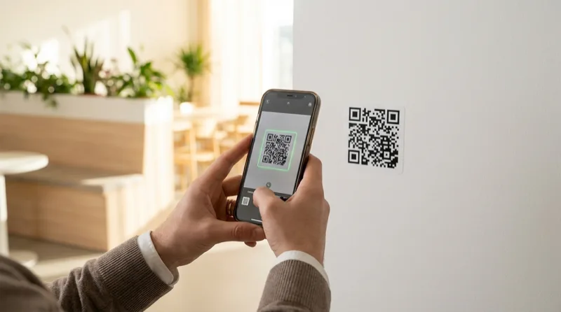 Mitarbeiter scannt QR-Code für anonymes Feedback an der Wand