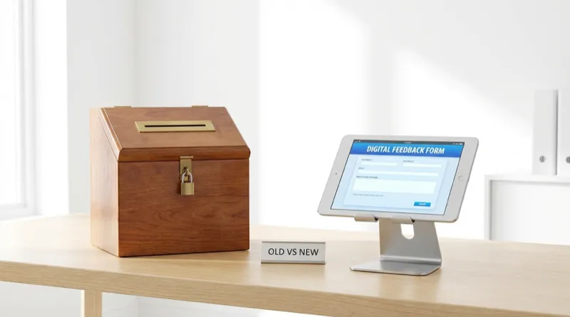 Alter Holz-Kummerkasten neben einem Tablet mit digitalem Feedback-Formular